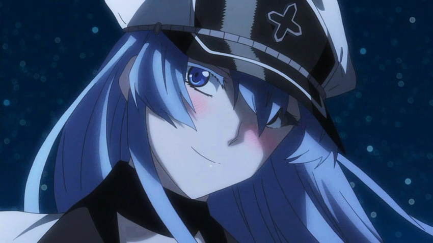 akame_ga_kill! aqua_eyes aqua_hair blue_eyes blue_hair blush choker esdeath esdese female general general(shogun) hat highres long_hair military military_uniform peaked_cap solo