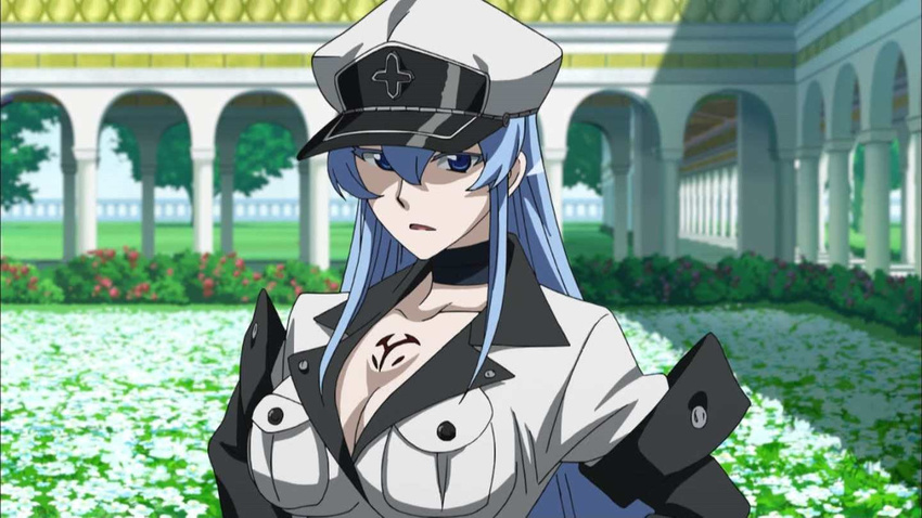 akame_ga_kill! aqua_eyes aqua_hair blue_eyes blue_hair blush breasts choker esdeath esdese female general general(shogun) hat highres large_breasts long_hair military military_uniform peaked_cap solo standing tattoo