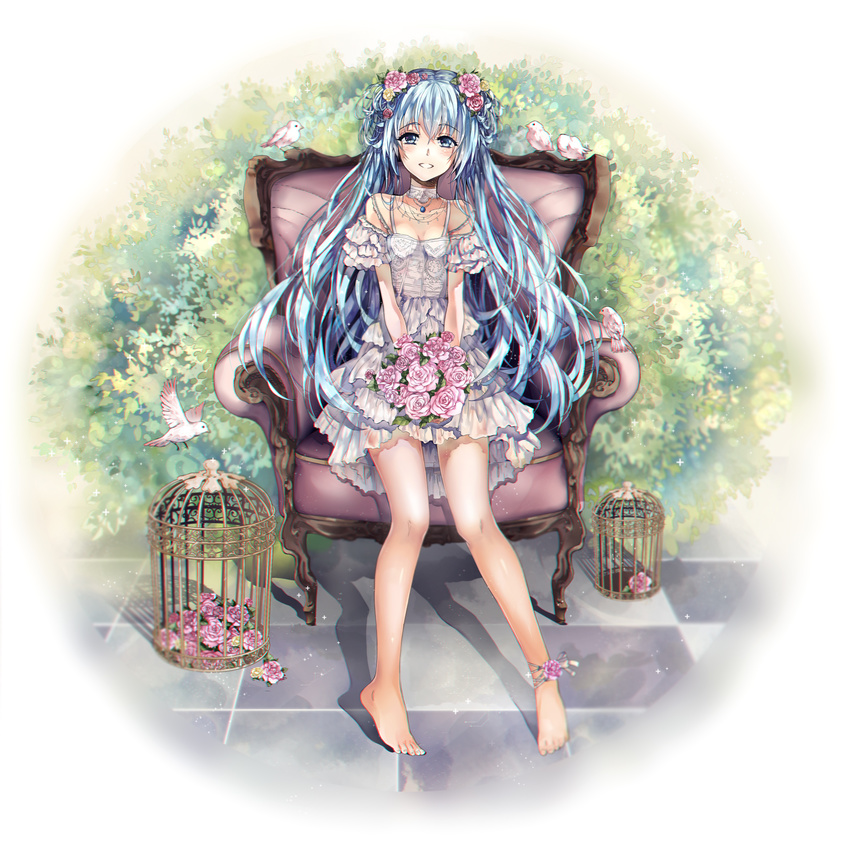 :d animal anklet armchair bare_legs bare_shoulders barefoot bird birdcage blue_eyes blue_hair blush bouquet breasts bush cage chair checkered_floor choker cleavage collarbone commentary_request dress eyebrows female flower flying frilled_dress frilled_sleeves frills full_body hair_between_eyes hair_flower hair_ornament hatsune_miku highres holding holding_flower jewelry layered_dress long_hair looking_at_viewer necklace off-shoulder_dress off_shoulder open_mouth pendant photoshop_(medium) plant see-through shade sitting small_breasts smile solo teeth teka tile_floor tiles twintails very_long_hair vocaloid white_dress