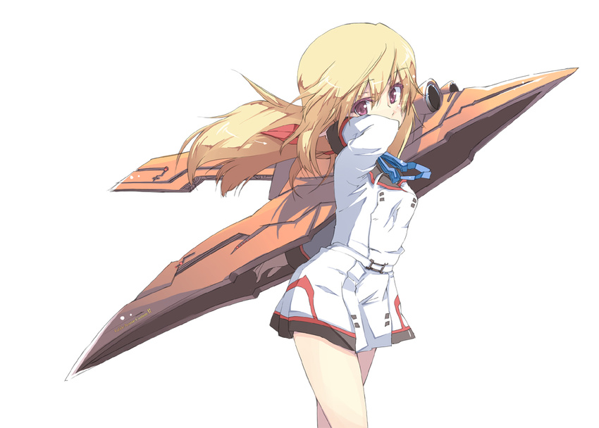 adjusting_hair blonde_hair charlotte_dunois commentary_request female infinite_stratos long_hair miniskirt miya_kazutomo purple_eyes rafale_revive_custom_ii simple_background skirt solo