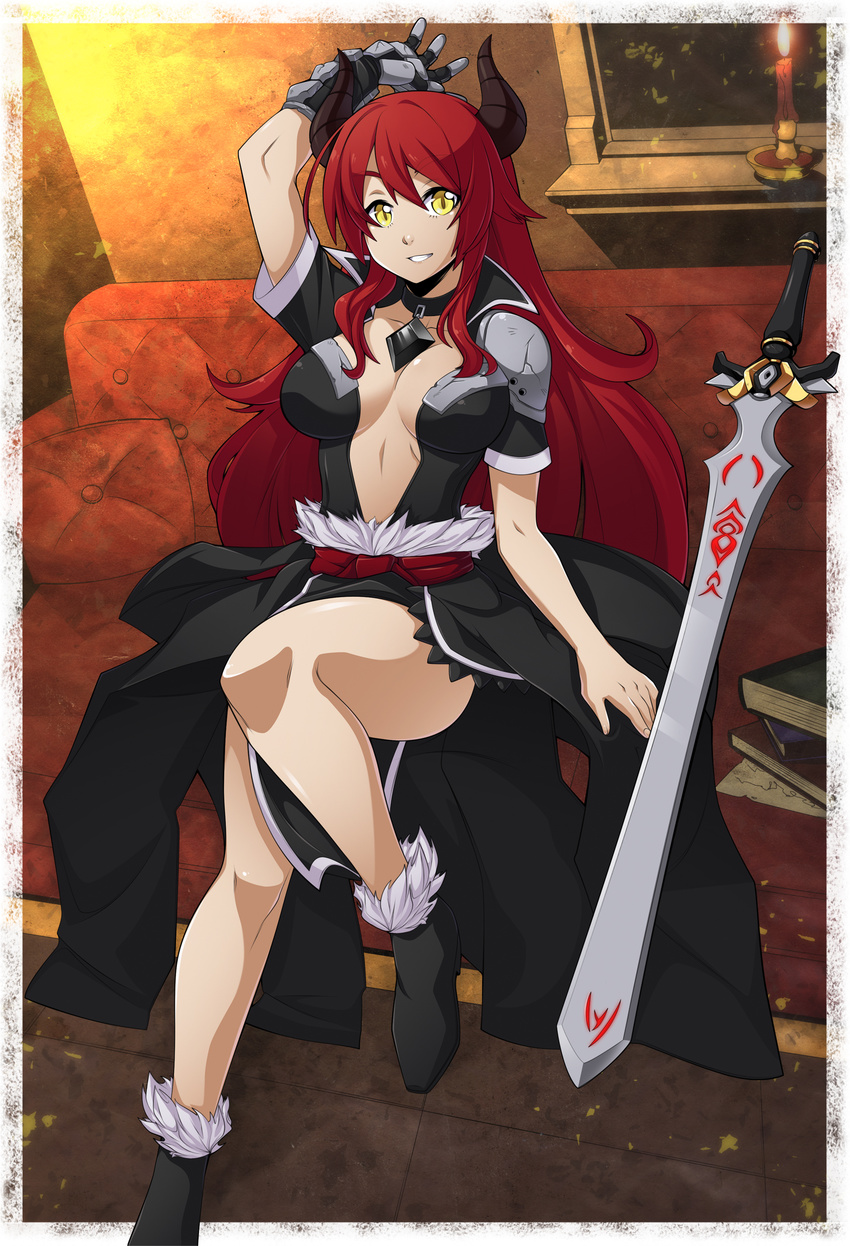 absurdres airomed ankle_boots armor boots borrowed_character breasts center_opening choker chuunioniika commentary_request couch demon_girl female gloves highres horns jewelry large_breasts long_hair metal_gloves original pauldrons pendant photoshop_(medium) red_hair sash shoulder_armor showgirl_skirt sideboob single_glove sitting smile solo sword very_long_hair weapon yellow_eyes