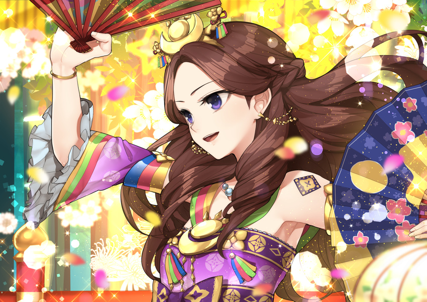 aikatsu! aikatsu!_(series) bare_shoulders commentary_request detached_sleeves dress earrings female folding_fan fujiwara_miyabi_(aikatsu!) hair_ornament hand_fan headdress highres hitoto jewelry long_hair open_mouth purple_eyes smile solo