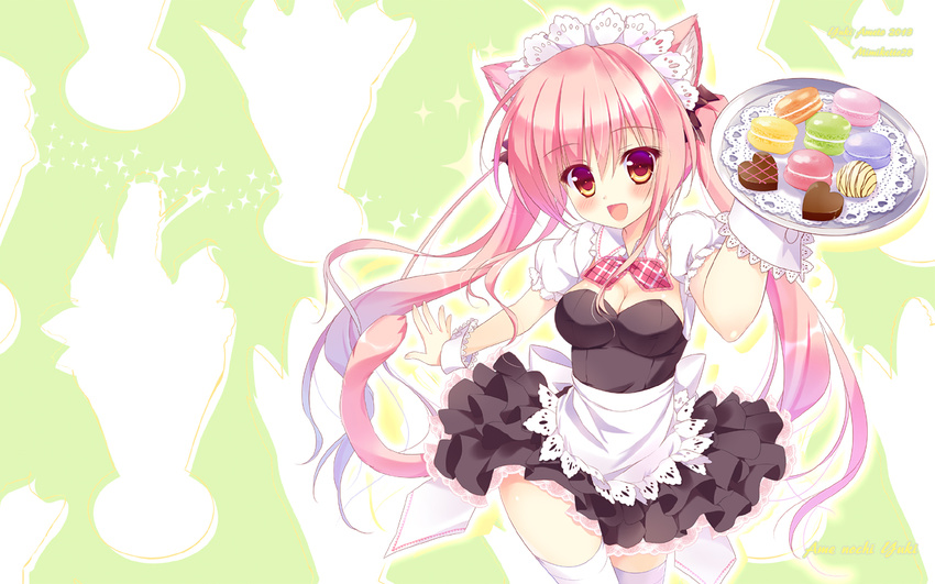 ameto_yuki animal_ears bad_id bad_pixiv_id breasts candy cat_ears chocolate cleavage female food heart heart-shaped_chocolate macaron macaron_(ameto_yuki) maid_headdress medium_breasts original photoshop_(medium) pink_eyes pink_hair solo thighhighs tray twintails waitress white_thighhighs wrist_cuffs