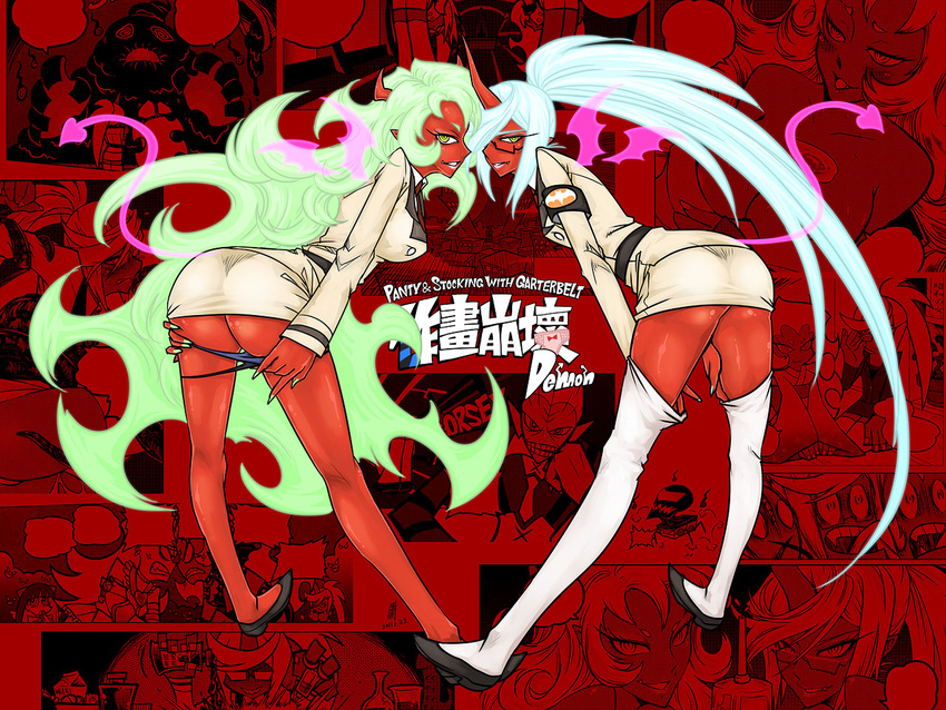 2girls antaria blue_hair chinese_commentary colored_skin commentary_request corset_(psg) demon_girl glasses green_hair horns kneesocks_(psg) long_hair multiple_girls panty_&_stocking_with_garterbelt photoshop_(medium) ponytail red_skin scanty_(psg) siblings sisters thighhighs