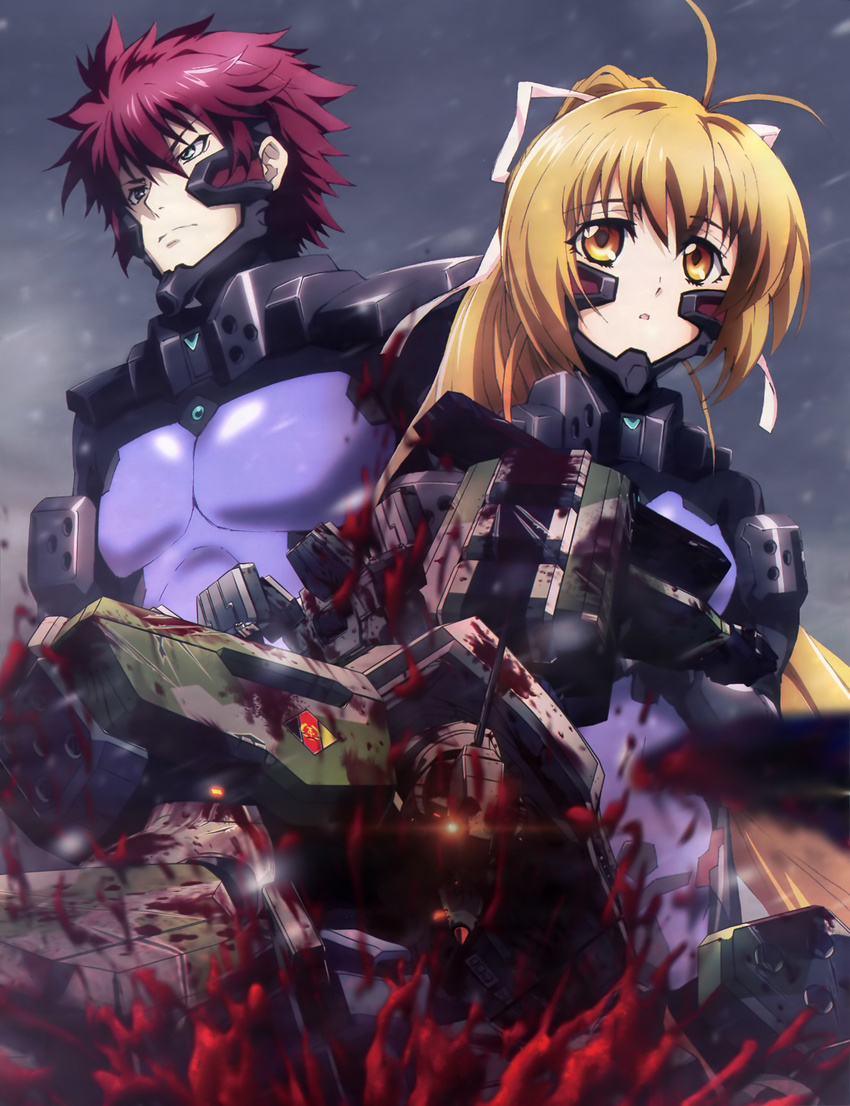 1boy absurdres ahoge antenna_hair blonde_hair blood blood_splatter blood_spray bodysuit female fortified_suit frown german_text glowing glowing_eye green_eyes hair_ribbon highres katia_waldheim key_visual long_hair mecha mig-21_balalaika_(muv-luv) muv-luv muv-luv_alternative official_art open_mouth pilot_suit ponytail promotional_art red_hair ribbon robot schwarzesmarken science_fiction snow snowing tactical_surface_fighter theodor_edelbach very_long_hair yellow_eyes