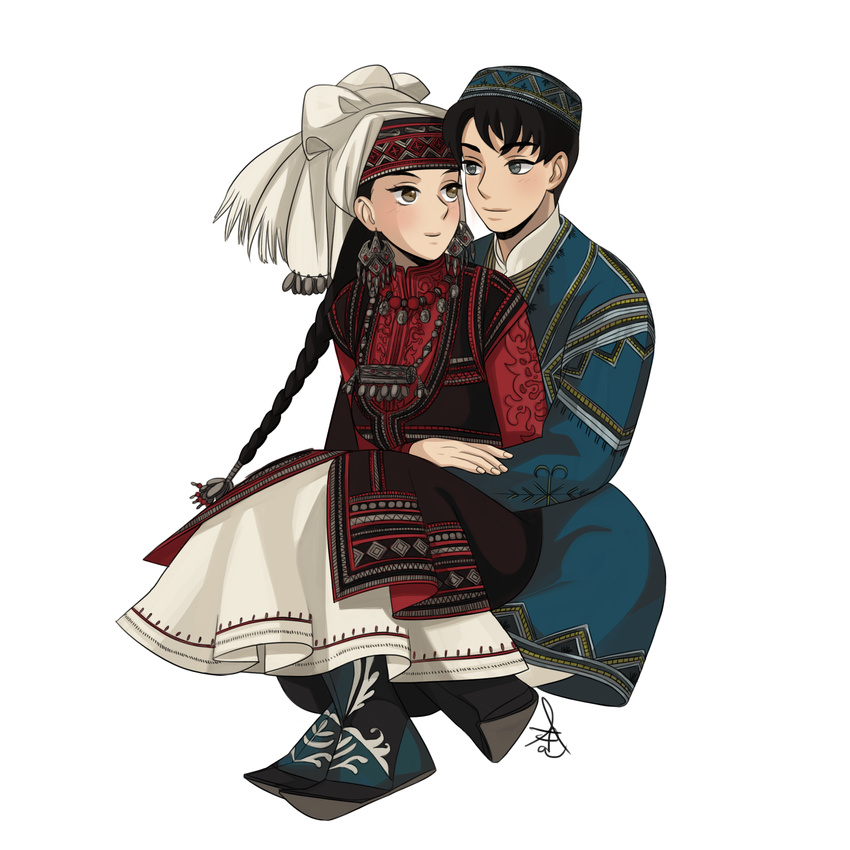 1boy absurdres aged_up amira bad_id bad_pixiv_id blush boots braid couple earrings female hat head_scarf highres hug hug_from_behind husband_and_wife jewelry karluk kazakh_clothes kazakhstan long_hair otoyomegatari short_hair single_braid sitting straight uygur_clothes uzbek_clothes white_background yeonji_kim