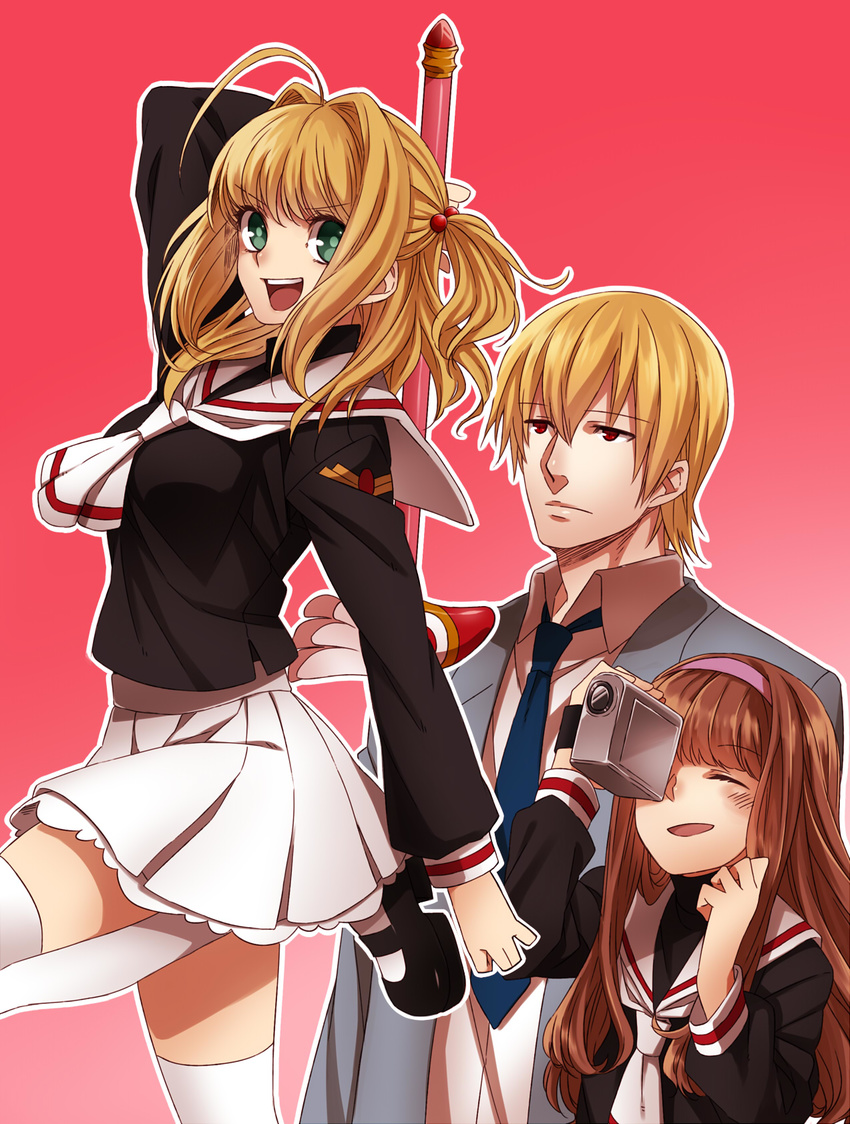 1boy 2girls :d ^_^ ahoge bad_id bad_pixiv_id blazer blonde_hair blush brown_eyes brown_hair camcorder camera cardcaptor_sakura closed_eyes cosplay daidouji_tomoyo daidouji_tomoyo_(cosplay) expressionless fate/extra fate_(series) fuuin_no_tsue gilgamesh_(fate) green_eyes hair_bobbles hair_intakes hair_ornament hairband highres jacket kinomoto_sakura kinomoto_sakura_(cosplay) kinomoto_touya kinomoto_touya_(cosplay) kishinami_hakuno_(female) long_hair mary_janes multiple_girls nagiko_(mangalove1111) necktie nero_claudius_(fate) nero_claudius_(fate/extra) open_mouth parody pleated_skirt purple_hairband red_eyes school_uniform seki_tomokazu serafuku shoes skirt smile tange_sakura thighhighs tomoeda_elementary_school_uniform tomoeda_high_school_uniform video_camera voice_actor_connection white_legwear white_skirt