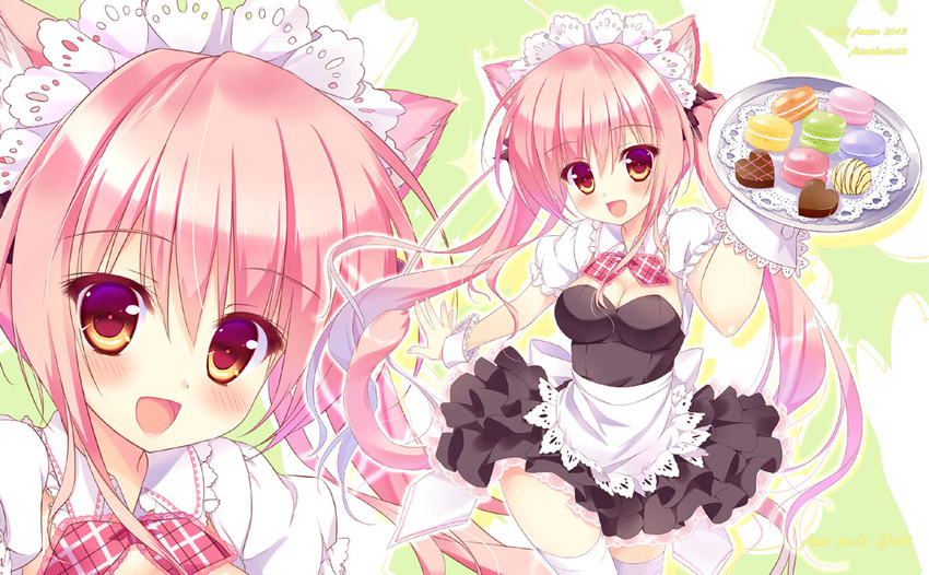 ameto_yuki animal_ears bad_id bad_pixiv_id breasts candy cat_ears chocolate cleavage female food heart heart-shaped_chocolate macaron macaron_(ameto_yuki) maid_headdress medium_breasts original photoshop_(medium) pink_eyes pink_hair thighhighs tray twintails waitress white_legwear wrist_cuffs zoom_layer