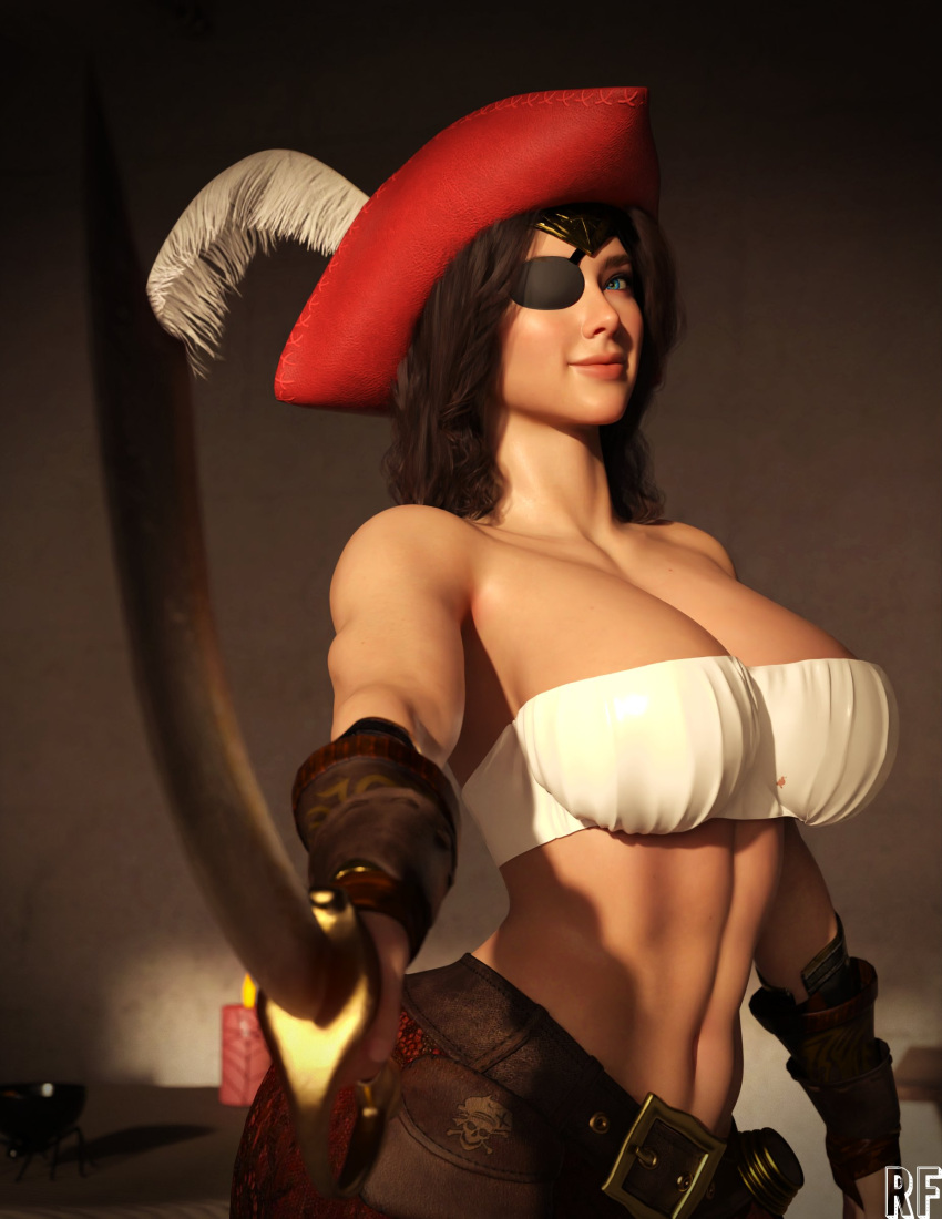 1girls 3d 3d_(artwork) abs amazon belly_button belt belt_buckle big_breasts brown_hair cosplay cutlass dc dc_comics diana_prince empty_room eyepatch female female_focus female_only fit_female fully_clothed halloween halloween_costume hat headwear holding_object looking_at_viewer pirate pirate_girl pirate_hat red_hat room rude_frog skull skull_head smile smiling smiling_at_viewer solo solo_female strapless_bra sword weapon wonder_woman wonder_woman_(series)