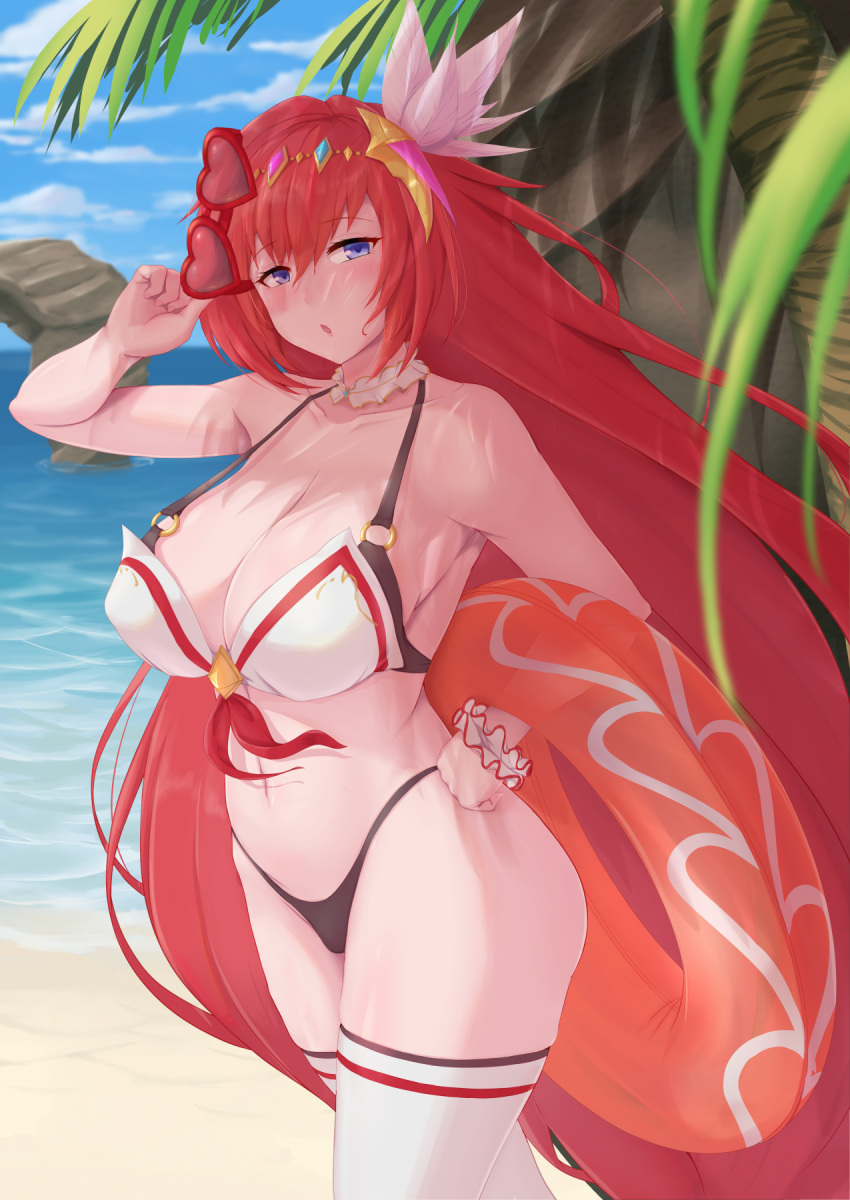 alexiel_(summer)_(granblue_fantasy) bare_shoulders beach bikini black_bikini blue_eyes blush breasts cleavage collarbone commentary_request cream_cod day detached_collar eyewear_on_head feather_hair_ornament feathers female godsworn_alexiel granblue_fantasy hair_between_eyes hair_ornament hand_on_own_hip heart heart-shaped_eyewear highleg highleg_bikini highres innertube large_breasts layered_bikini long_hair looking_at_viewer navel open_mouth outdoors palm_tree red_hair solo sunglasses swim_ring swimsuit thighhighs thighs tree very_long_hair white_bikini white_thighhighs