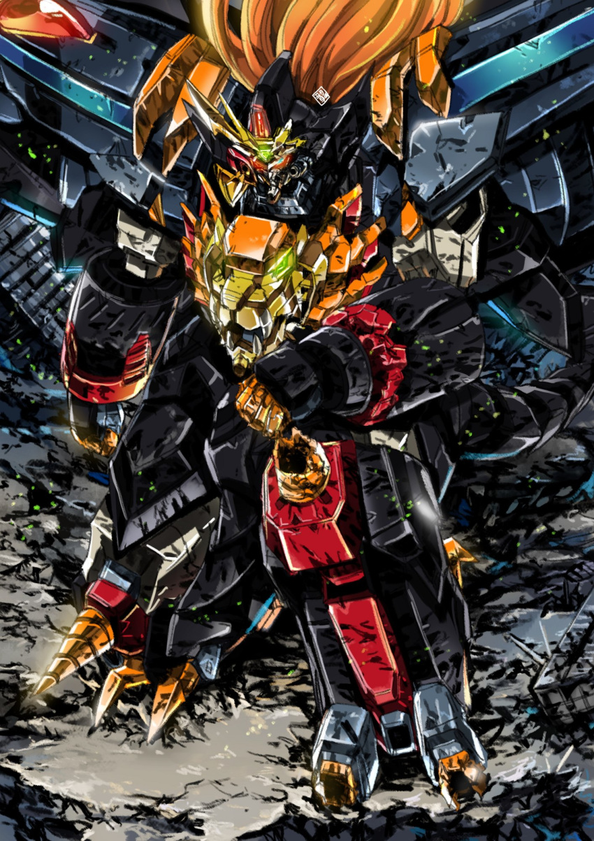 arm_on_knee bad_id bad_pixiv_id blue_eyes clenched_hands commentary_request drill floating_hair garimpeiro genesic_gaogaigar glowing glowing_eyes green_eyes heterochromia highres kneeling looking_down mecha mecha_focus no_humans orange_hair red_eyes robot science_fiction super_robot yuusha_ou_gaogaigar yuusha_ou_gaogaigar_final yuusha_series