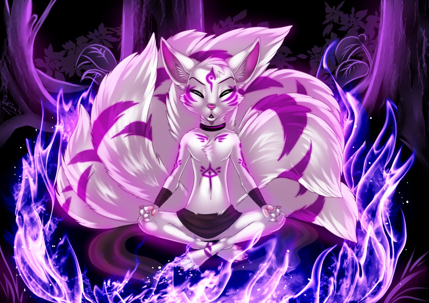 2016 9_tails absurd_res asian_mythology canid canine choker closed_eyes colored_fire crosslegged_pose detailed_background east_asian_mythology etis fire forest fox fox_spirit fur hi_res jewelry magic male mammal markings meditation multi_tail mythology necklace night plant purple_theme rukifox sash semi-anthro sitting solo tail tree white_body white_fur wristband