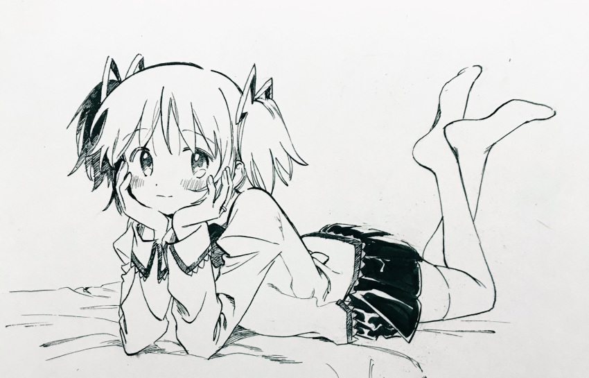 arm_support bed bed_sheet blush closed_mouth commentary_request dot_nose feet_up female fingernails full_body grey_background greyscale hair_ribbon happy head_rest highres jewelry juliet_sleeves kaname_madoka light_smile long_sleeves looking_afar looking_at_viewer looking_to_the_side lying mahou_shoujo_madoka_magica mahou_shoujo_madoka_magica_(anime) mitakihara_school_uniform monochrome no+bi= no_shoes on_bed on_stomach pleated_skirt puffy_sleeves ribbon ring school_uniform simple_background skirt solo tareme the_pose thighhighs twintails uniform zettai_ryouiki