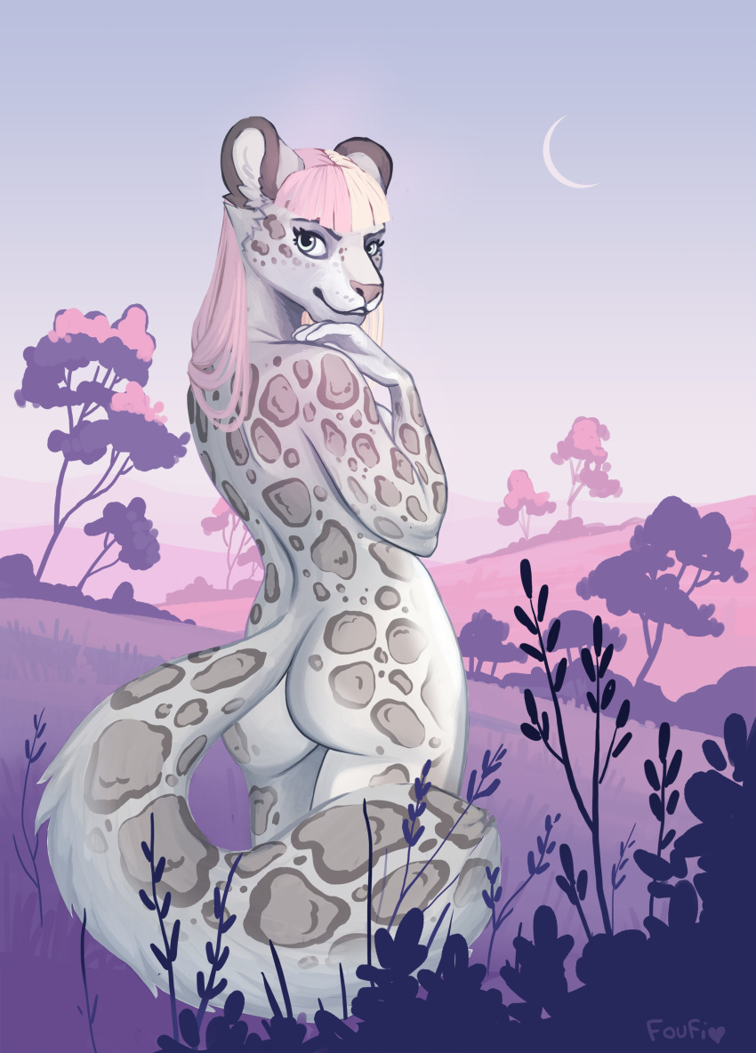 5_fingers absurd_res anthro ass breasts butt_pose clouded_leopard day detailed_background digital_media_(artwork) felid female fingers foufi hair hi_res mammal moon nude outside pantherine pink_hair pose shaded smile solo white_hair