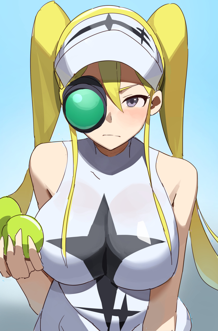 absurdres ball black_eyes blonde_hair breasts female hakodate_omiko highres holding kill_la_kill large_breasts long_hair looking_at_viewer scope sleeveless solo sportswear t-lex tennis_ball tennis_uniform twintails visor_cap