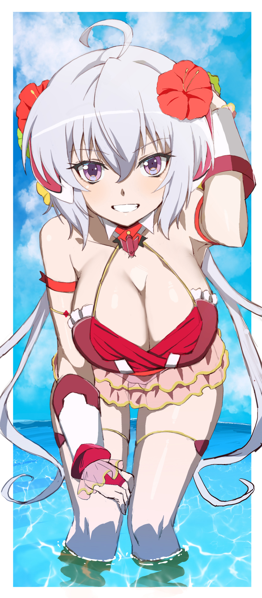 absurdres ahoge arm_behind_head bent_over blush breasts cleavage commentary_request female flower grin hair_flower hair_ornament hal-bard highres large_breasts long_hair looking_at_viewer ocean outdoors purple_eyes senki_zesshou_symphogear senki_zesshou_symphogear_xd_unlimited shiny_skin sky smile solo standing swimsuit teeth twintails white_hair yukine_chris