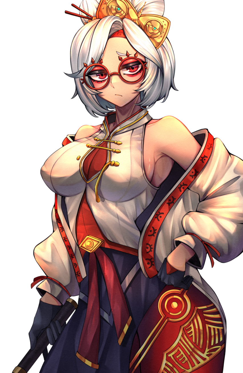 absurdres bare_shoulders black_gloves breasts cowboy_shot expressionless eyeshadow female glasses gloves hair_bun hand_on_own_hip highres kuraken large_breasts looking_at_viewer makeup purah red-framed_eyewear red_eyes round_eyewear sheikah simple_background solo the_legend_of_zelda the_legend_of_zelda:_tears_of_the_kingdom white_background white_hair