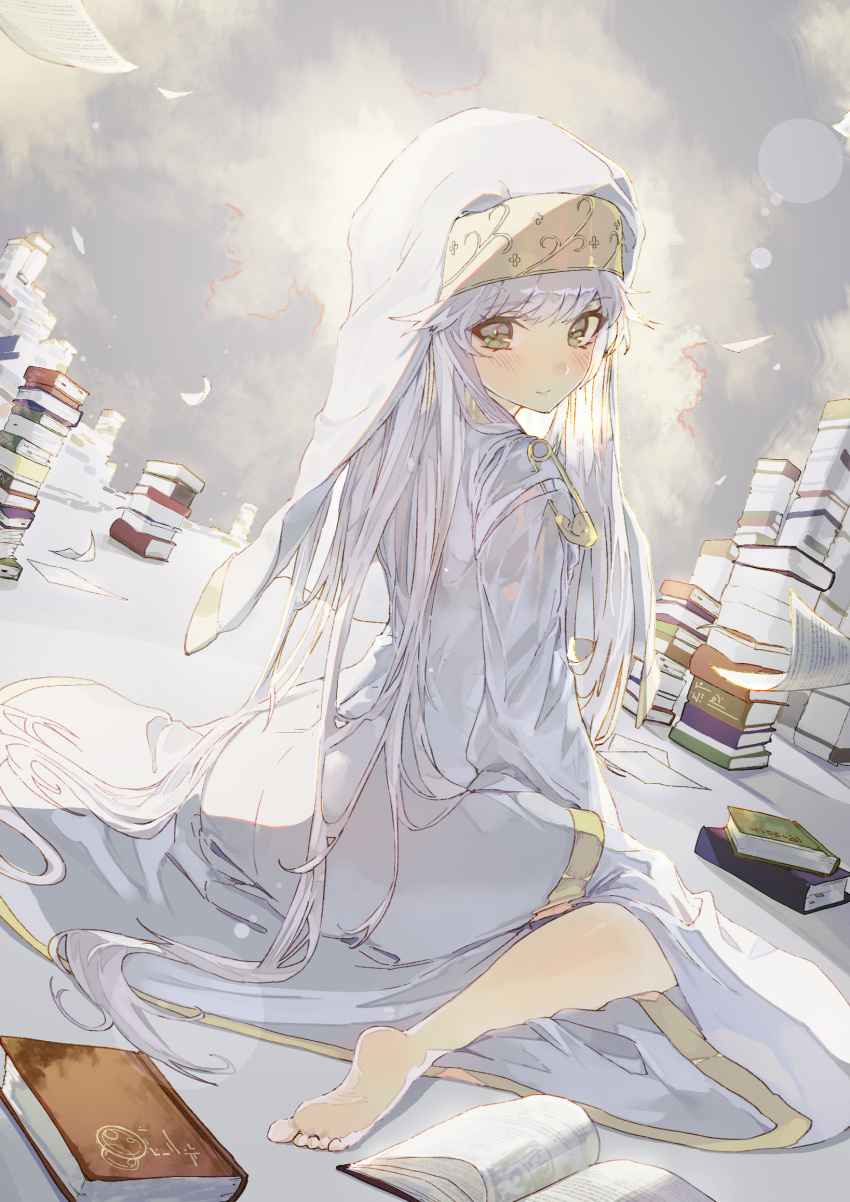 barefoot blush book book_stack closed_mouth dress dutch_angle feet female full_body green_eyes habit highres index_(toaru_majutsu_no_index) long_hair looking_at_viewer looking_back mont_blanca nun open_book sitting soles solo toaru_majutsu_no_index toes veil very_long_hair wariza white_dress white_hair white_headwear