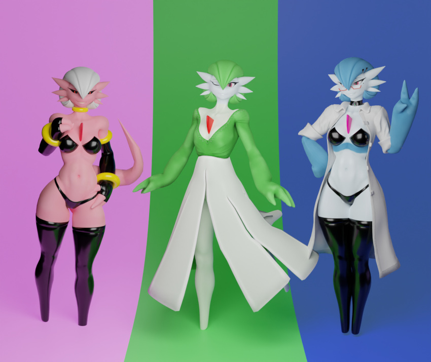 3_fingers 3d_(artwork) alien alien_humanoid alternate_color armwear blender_(artwork) breasts clothed clothing digital_media_(artwork) dr._voir dragon_ball eyewear female fingers gardevoir generation_3_pokemon glasses group hair hi_res humanoid legwear looking_at_viewer majin majinvoir mammal nintendo not_furry pokemon pokemon_(species) red_eyes riolukidd shiny_pokemon simple_background topwear trio warfare_gardevoir warfare_machine white_body