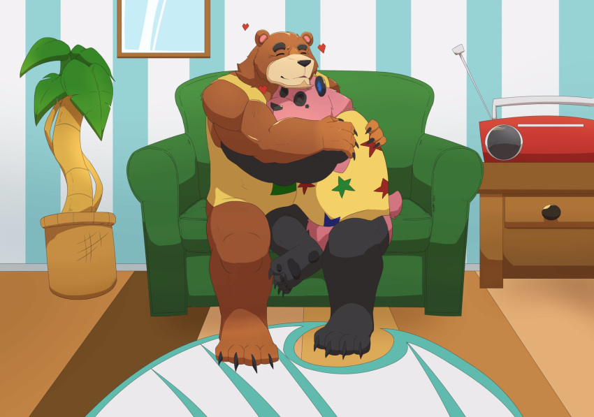 2020 animal_crossing anthro bear black_body black_fur brown_body brown_fur chow_(animal_crossing) closed_eyes clothing duo fur furniture giant_panda heart_symbol hi_res hug inside k_hunnicutt male male/male mammal nintendo overweight overweight_male shirt sitting sofa teddy_(animal_crossing) topwear