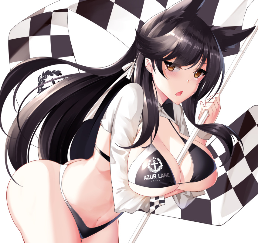 animal_ears arm_under_breasts ass atago_(azur_lane) atago_(stunning_speedster)_(azur_lane) azur_lane bent_over between_breasts bikini black_bikini black_hair breasts checkered_flag cleavage commentary cowboy_shot eyes_visible_through_hair female flag highres holding holding_flag large_breasts long_hair long_sleeves looking_at_viewer mole mole_under_eye navel official_alternate_costume open_mouth ribbon shirt simple_background solo stomach swept_bangs swimsuit thighs white_background white_ribbon white_shirt yan_lie yellow_eyes