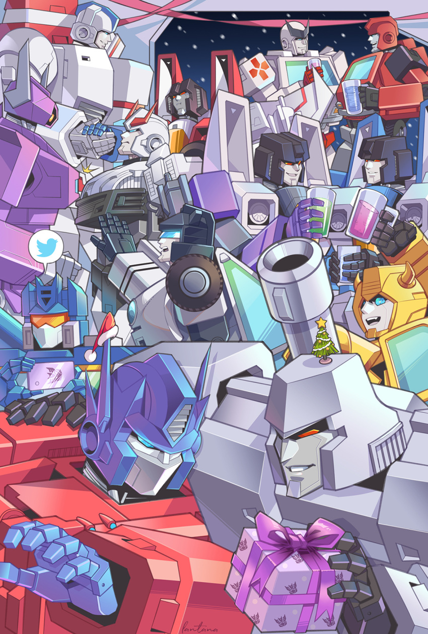 6+boys assault_visor autobot blue_eyes bumblebee_(transformers) chinese_commentary christmas christmas_present christmas_tree commentary decepticon drink everyone gift hand_on_another's_shoulder handshake highres holding holding_drink horns insignia ironhide jazz_(transformers) jetfire lantana0_0 looking_back mecha megatron multiple_boys no_humans one-eyed open_mouth optimus_prime optimus_prime_(idw) photoshop_(medium) pout prowl_(transformers) ratchet_(transformers) red_eyes robot science_fiction shockwave_(transformers) skywarp soundwave_(transformers) starscream the_transformers_(idw) thundercracker transformers v-fin yellow_eyes