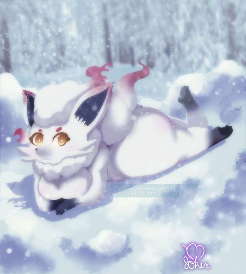 absurd_res anthro anthrofied big_breasts breasts canid canine female fur generation_8_pokemon hi_res hisuian_form hisuian_zorua madjoker mammal nintendo pokemon pokemon_(species) pokemon_legends_arceus pokemorph red_body red_fur regional_form_(pokemon) short_stack snowflake solo thick_thighs