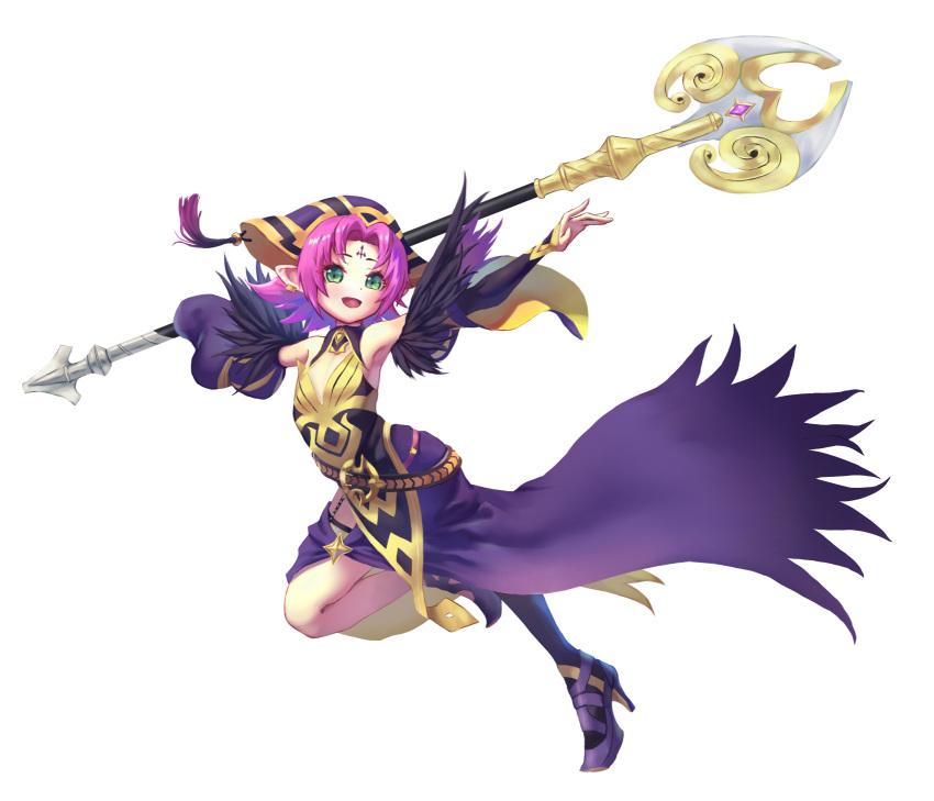 alternate_costume armpits asymmetrical_legwear bare_shoulders commission cosplay detached_sleeves facial_mark fae_(fire_emblem) female fire_emblem fire_emblem:_the_binding_blade fire_emblem_heroes flat_chest forehead_mark green_eyes hat high_heels highres loki_(fire_emblem) loki_(fire_emblem)_(cosplay) nzz open_mouth pink_hair pixiv_commission pointy_ears polearm simple_background solo weapon white_background