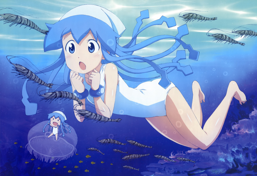 2girls :o absurdres barefoot blue_eyes blue_hair bracelet chibi feet hat highres honda_yoshino ikamusume imageboard_desourced jellyfish jewelry legs long_hair mini-ikamusume mini_person minigirl multiple_girls non-web_source nyantype official_art one-piece_swimsuit open_mouth scan shinryaku!_ikamusume shrimp swimsuit tentacle underwater very_long_hair white_one-piece_swimsuit