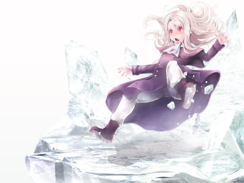 :< blush boots coat commentary_request fate/zero fate_(series) female haku_(sinsifuku2) highres ice illyasviel_von_einzbern long_hair open_mouth pants photoshop_(medium) purple_footwear red_eyes scarf solo tripping white_hair white_scarf winter_clothes