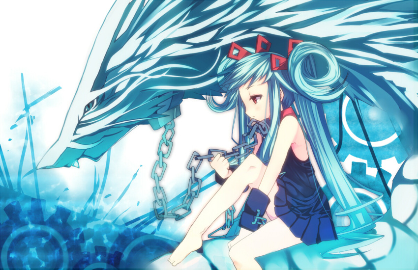 aqua_hair aqua_theme barefoot beatmania_iidx bemani blue_hair bracer chains commentary dragon dress female hair_ornament jubeat long_hair maud profile red_eyes reko_(torinegi) ryoushi_no_umi_no_lindwurm sitting sleeveless sleeveless_dress twintails