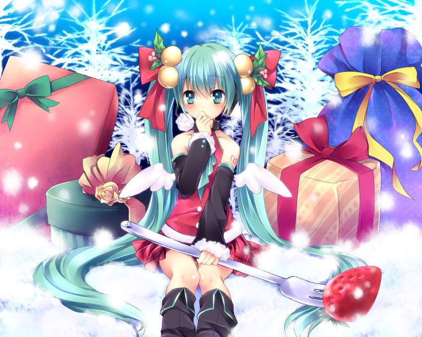 bad_id bad_pixiv_id blush christmas female food fork fruit gift hair_ornament hatsune_miku long_hair santa_costume sitting solo sorai_shin'ya strawberry twintails very_long_hair vocaloid