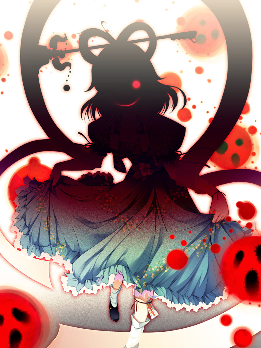 breasts chima_q cleavage commentary_request crazy_smile dress female floral_print flower glowing glowing_eyes grin hair_ornament hair_rings hair_stick highres kaku_seiga ofuda photoshop_(medium) red_eyes shadow shawl skirt skirt_hold small_breasts smile solo touhou vest