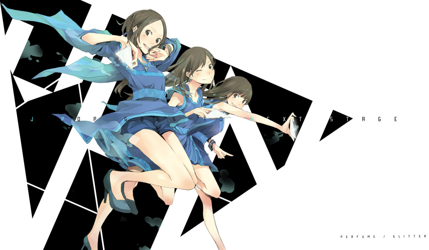 3girls :d ;) a~chan bad_id bad_pixiv_id black_eyes black_hair blue_dress blue_shorts bracelet brown_eyes brown_hair dress english_text group_name high_heels highres jewelry jumping kashiyuka long_hair looking_at_viewer multiple_girls nocchi_(perfume) one_eye_closed open_mouth perfume_(band) pointing sash short_hair shorts shorts_under_dress sleeveless smile song_name wide_sleeves yoshito