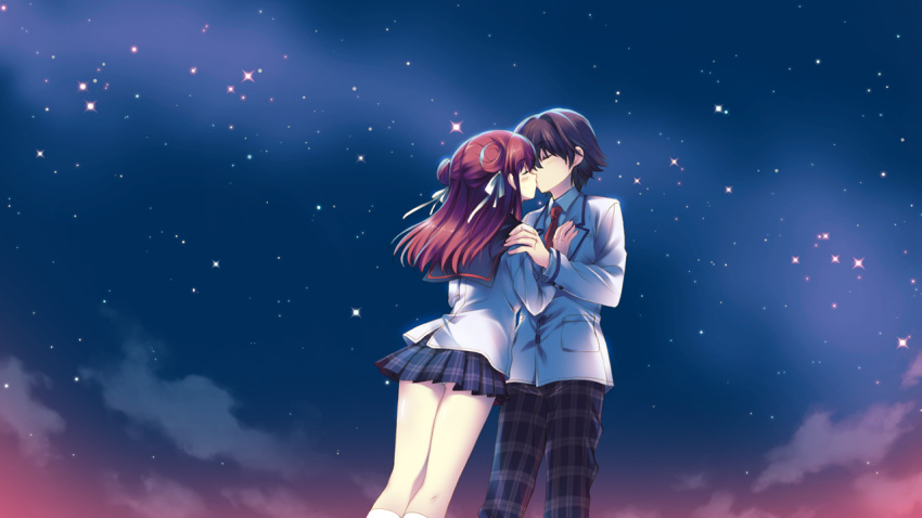 brown_hair clouds game_cg hoshi_no_ouji-kun kissing long_hair night purin_amanatsu qp:flapper seifuku short_hair skirt sky stars tie upskirt