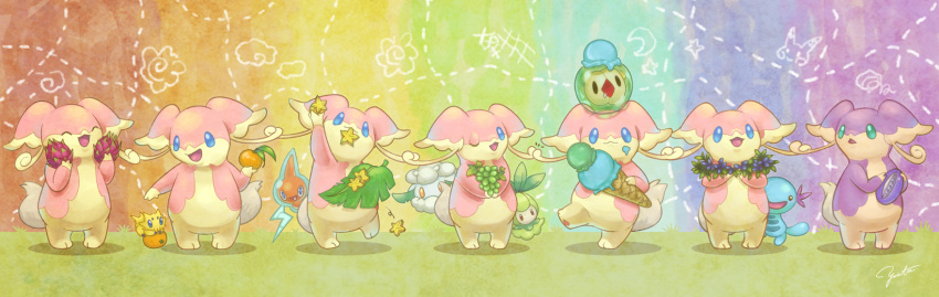 alternate_color audino commentary_request cottonee flower food fruit grapes highres ice_cream joltik no_humans odd_one_out on_head orange_(fruit) petilil pokemon pokemon_(creature) pokemon_on_head rainbow rainbow_background rotom rotom_(normal) shiny_and_normal shiny_pokemon solosis star-shaped_food star_(symbol) starfruit wooper yorujisa_yuuto