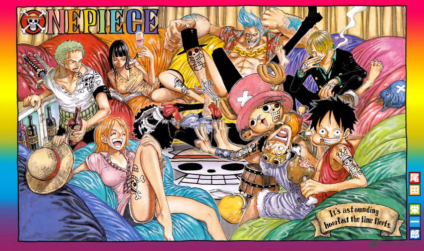 2girls 6+boys afro alcohol antlers bandana beer black_hair blonde_hair blue_hair breasts brook_(one_piece) chain_necklace chains cigarette copyright_name curly_eyebrows eating english_text everyone food formal franky_(one_piece) goggles green_hair hat hawaiian_shirt horns jewelry jolly_roger katana laughing legs log_pose meat medium_breasts monkey_d._luffy multiple_boys multiple_girls nami_(one_piece) necklace necktie nico_robin oda_eiichirou official_art one_piece orange_hair pirate roronoa_zoro sanji_(one_piece) sash scan scar shirt short_hair short_shorts shorts skeleton skull smile smoking straw_hat straw_hat_pirates straw_hats_jolly_roger suit sword tattoo thighs third-party_edit third-party_source third-party_watermark tony_tony_chopper top_hat usopp weapon wine