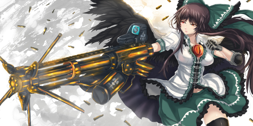 alternate_weapon arm_cannon black_hair black_wings bow breasts cape commentary_request female green_skirt hairbow long_hair medium_breasts panzer_(p.z) reiuji_utsuho skirt solo thighhighs touhou weapon wings