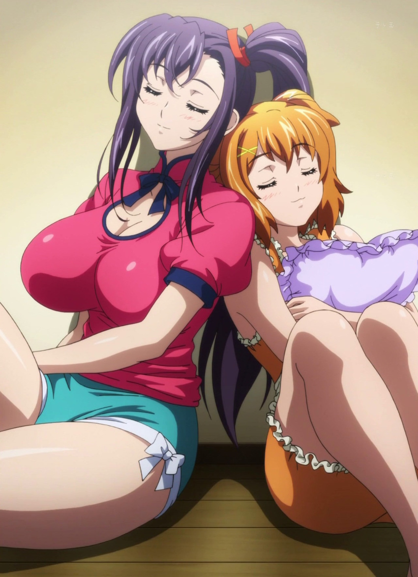 2girls amaya_haruko blush breasts cleavage closed_eyes female highres huge_breasts kushiya_inaho long_hair maken-ki! multiple_girls orange_hair ponytail purple_hair short_hair sleeping smile