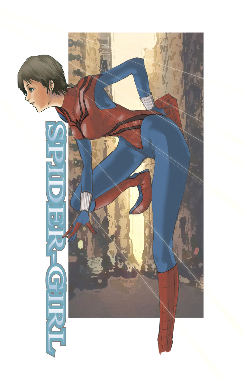 absurdres artist_request arumajirotoka_(19051031) bodysuit building city costume earing earrings fanart highres jewelry marvel mask may_parker short_hair spider-girl spider-man superhero