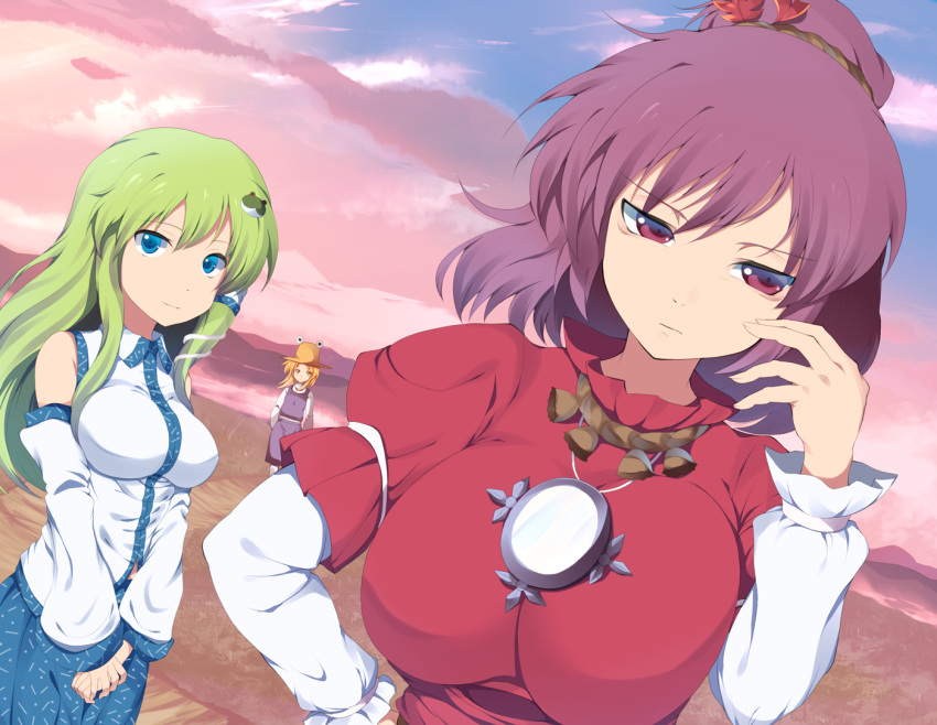 3girls bad_id bad_pixiv_id bare_shoulders blonde_hair blue_eyes breasts detached_sleeves dress dutch_angle frog green_hair hair_ornament hat kochiya_sanae large_breasts mirror mizukami_ryouma moriya_suwako multiple_girls purple_hair red_eyes rope shimenawa shirt sunset taut_clothes taut_shirt touhou yasaka_kanako yellow_eyes