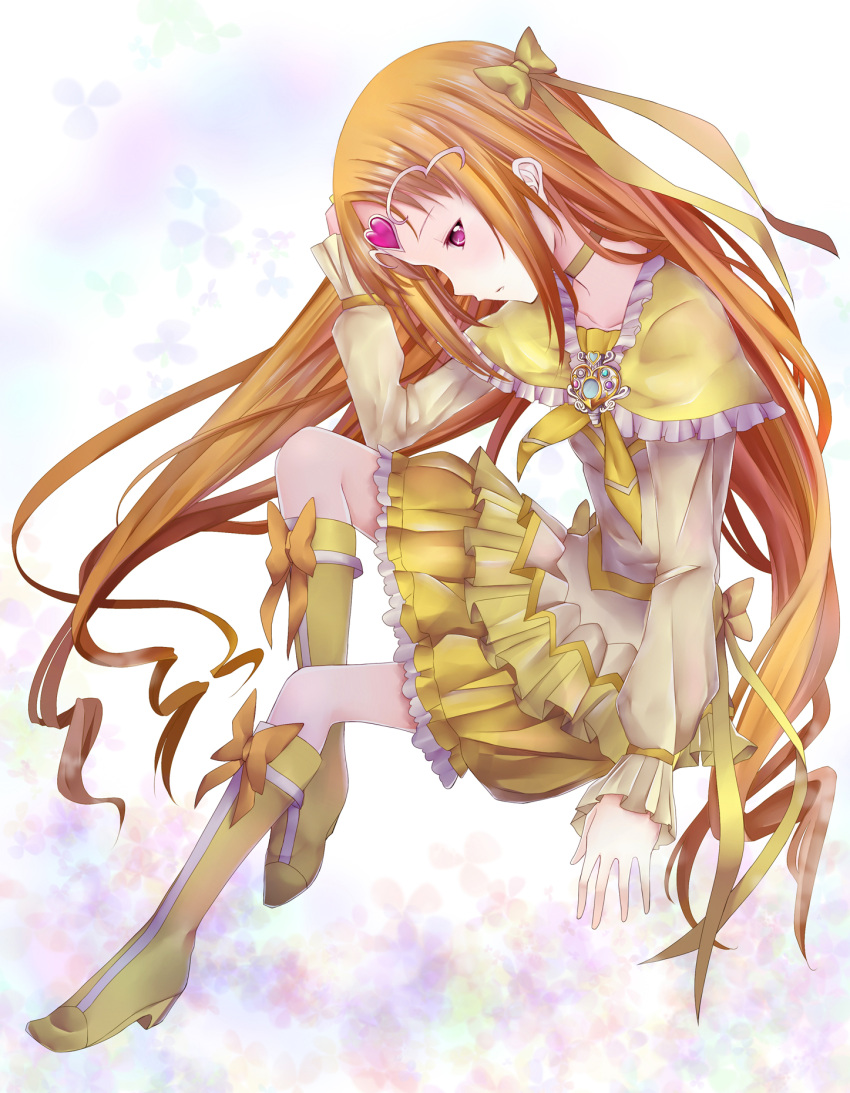 boots bow brooch choker circlet commentary_request cure_muse_(yellow) female frills full_body hair_ribbon heart highres jewelry knee_boots long_hair magical_girl orange_hair photoshop_(medium) precure purple_eyes ribbon shichouson shirabe_ako sitting skirt solo suite_precure yellow_bow yellow_choker yellow_skirt