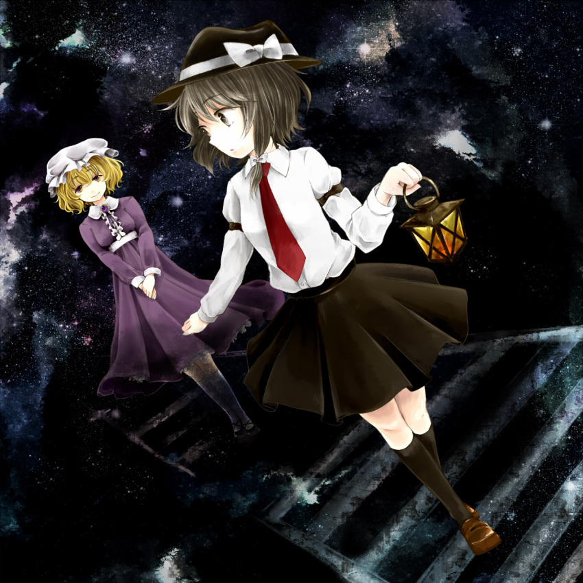 2girls bad_id bad_pixiv_id blonde_hair brown_eyes brown_hair dress dutch_angle ghostly_field_club hat highres lantern looking_back maribel_hearn multiple_girls necktie pleated_skirt skirt smile socks star_(sky) touhou usami_renko yonago