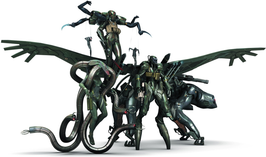 3d 4girls armor beauty_and_beast_corps crying_wolf doll female gun knife laughing_octopus mecha metal_gear metal_gear_(series) metal_gear_solid metal_gear_solid_4 military multiple_girls power_suit puppet raging_raven screaming_mantis simple_background tentacle weapon wings