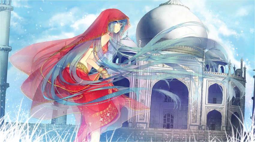 aqua_eyes aqua_hair bare_shoulders barefoot blue_sky bracelet cloud commentary day dome dutch_angle female hatsune_miku highres india indian indian_clothes jewelry long_hair midriff minaret nicohi sari see-through skirt skirt_hold sky solo taj_mahal veil very_long_hair vocaloid