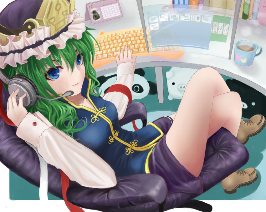 bad_id bad_pixiv_id bare_legs blue_eyes calendar_(object) chair coffee computer computer_keyboard contemporary crossed_legs desk female green_hair hat headphones office_chair photoshop_(medium) shiki_eiki short_hair sitting skirt solitaire solo stuffed_toy swivel_chair touhou urabe_michiru