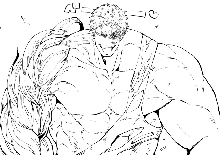 1boy abs bara boku_no_hero_academia collarbone greyscale large_pectorals looking_at_viewer male_focus monochrome muscular muscular_(boku_no_hero_academia) muscular_male nipples nude pectorals scar scar_across_eye scar_on_face short_hair sideburns solo stomach tongue tongue_out upper_body yazaki_(yazakc)