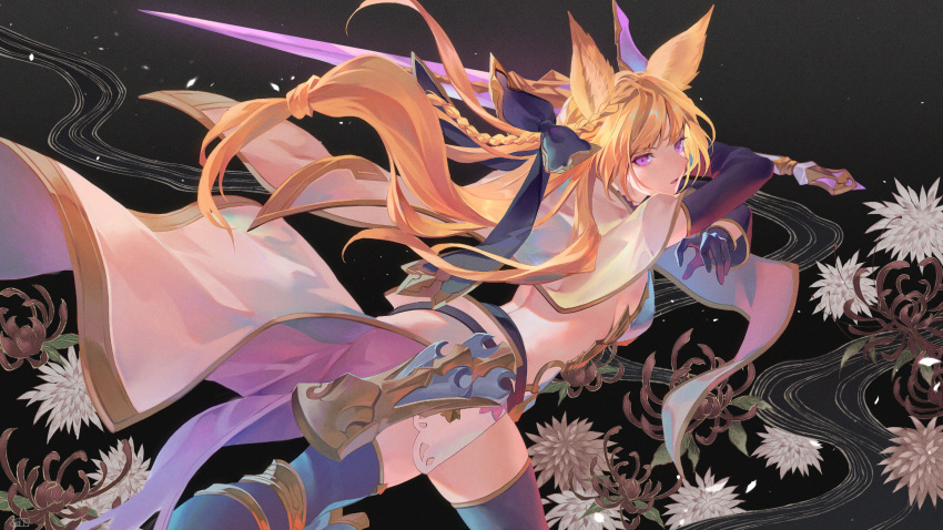 animal_ears backless_outfit black_gloves blonde_hair bow braid detached_sleeves erune female floral_background from_behind gloves granblue_fantasy hairbow highres holding holding_sword holding_weapon kiriyama2109 long_hair low-tied_long_hair purple_eyes sword thighhighs weapon yuisis_(granblue_fantasy)