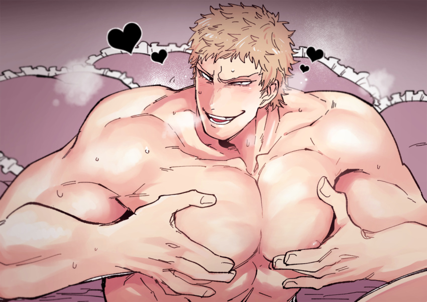 1boy abs bara blonde_hair blush boku_no_hero_academia breath completely_nude grabbing grabbing_own_pectoral large_pectorals male_focus muscular muscular_(boku_no_hero_academia) muscular_male nipples nude pectoral_focus pectoral_grab pectoral_squeeze pectorals pillow short_hair sitting solo upper_body yazaki_(yazakc)