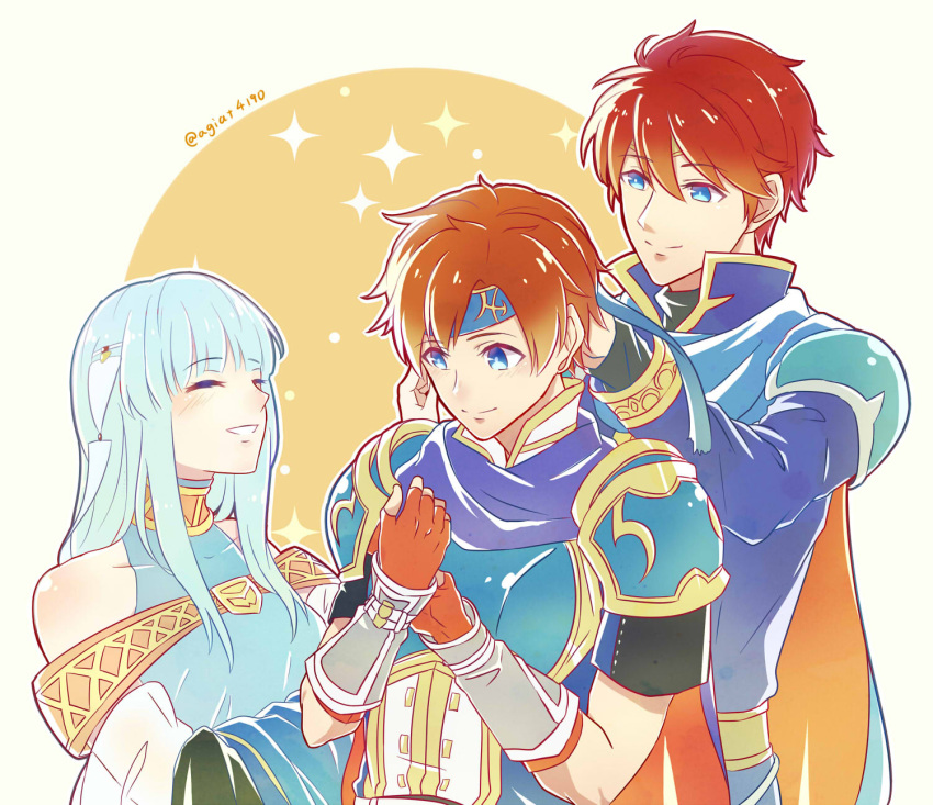 2boys armor bare_shoulders blue_armor blue_eyes blue_hair blush cape closed_eyes commentary_request dress eliwood_(fire_emblem) family father_and_son female fingerless_gloves fire_emblem fire_emblem:_the_binding_blade fire_emblem:_the_blazing_blade fire_emblem_heroes gloves hair_ornament headband highres husband_and_wife jewelry long_hair looking_at_another mother_and_son multiple_boys ninian_(fire_emblem) open_mouth red_gloves red_hair roy_(brave_lion)_(fire_emblem) roy_(fire_emblem) short_hair shoulder_armor simple_background smile sparkle taiga_kazame veil